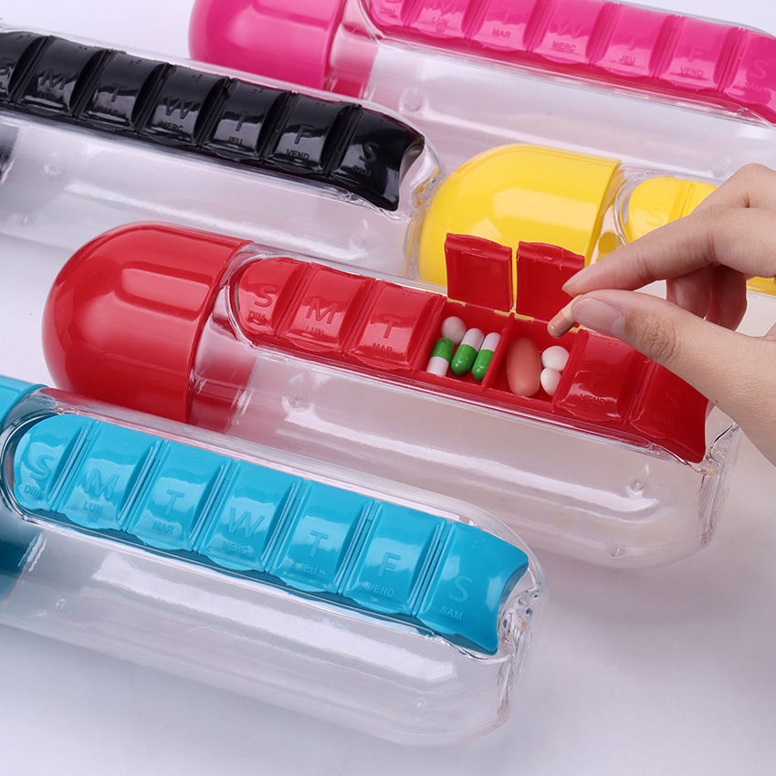 Portable Water Bottle with Daily Pill Organizer