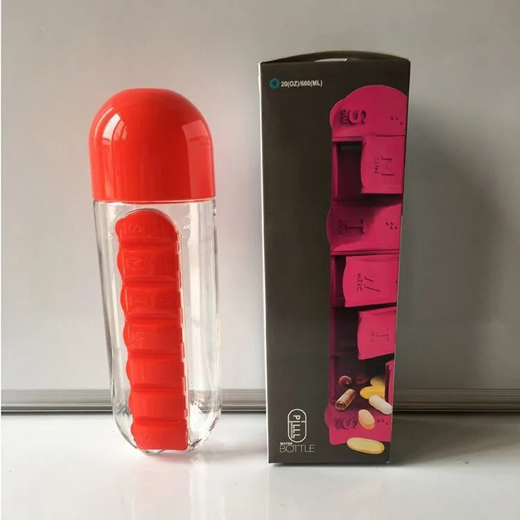 Portable Water Bottle with Daily Pill Organizer