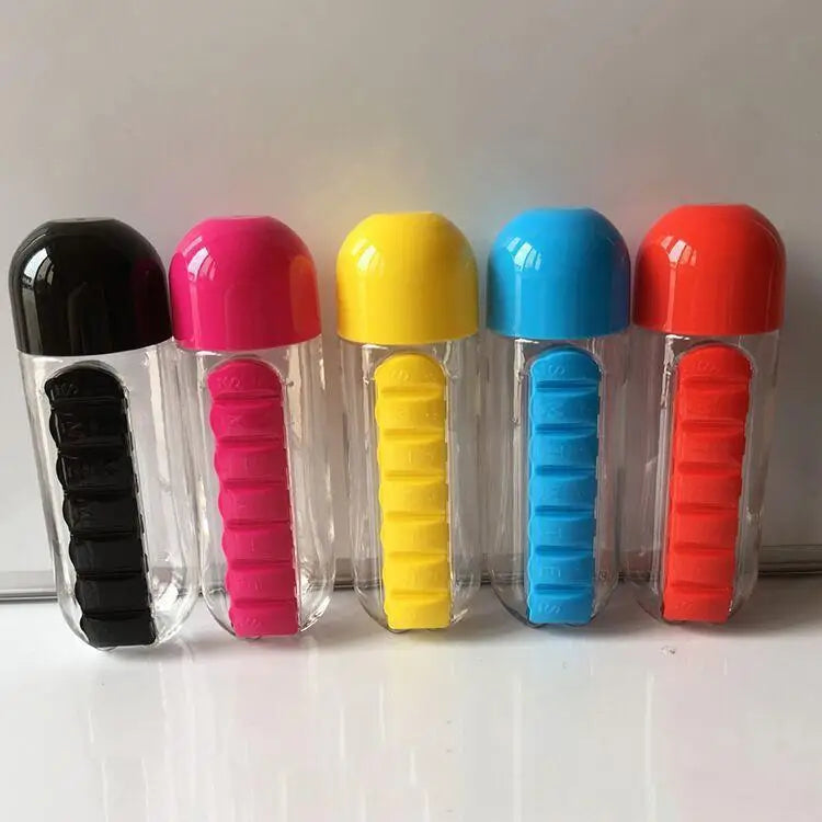 Portable Water Bottle with Daily Pill Organizer